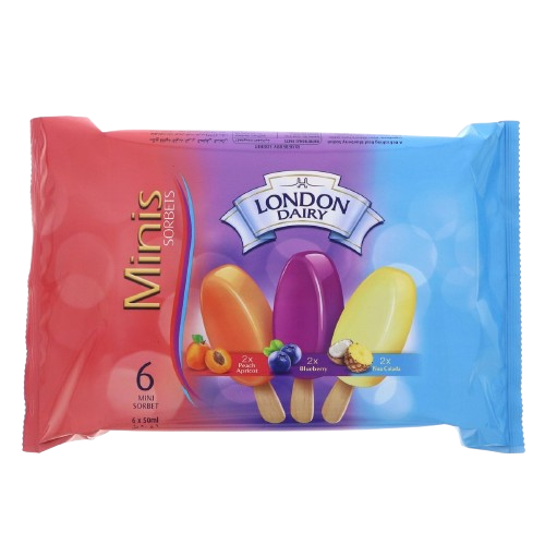 ايس كريم لندن ديري ميني ستيك 6ح خوخ-توت-بيناكولادا 50مل